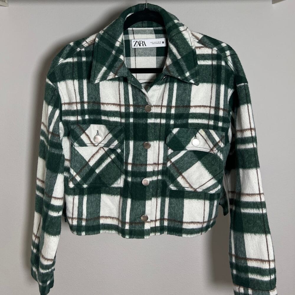 ZARA Plaid Long Sleeve Pocket Cropped Flannel Jacket Women's Size S Green/White - Picture 3 of 5